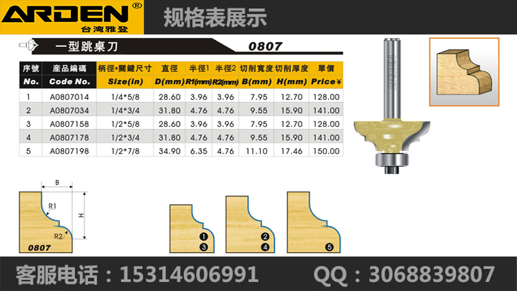 台湾雅登进口木工刀具 一型跳桌刀 古典线型装饰刀 锣铣刀0807
